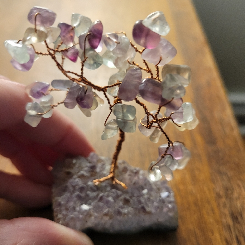Rainbow Fluorite Crystal Wire Tree In Quartz Amethyst Cluster Base ~3”